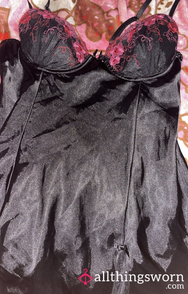 (Size L) Silk Pink And Black Flor*l Lingerie Slip-dress