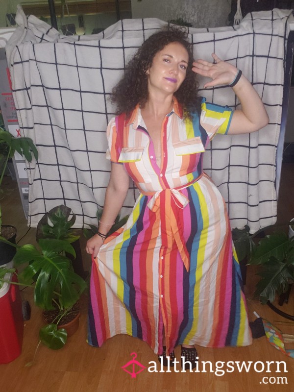 Size M Rainbow Striped Floor Length Button Up Dress