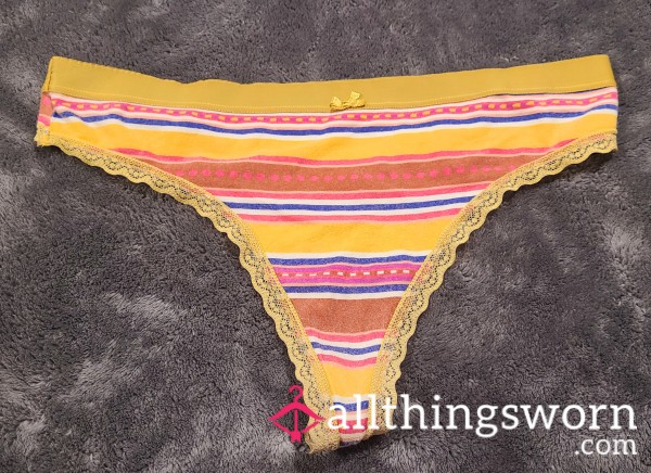 Stained Gusset Orange & Yellow Striped Thong - Size Small, Weird Gusset Read For Detail