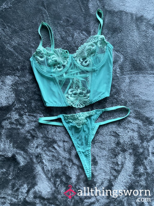 Teal Blue Corset Style Lace Lingerie Set Size S