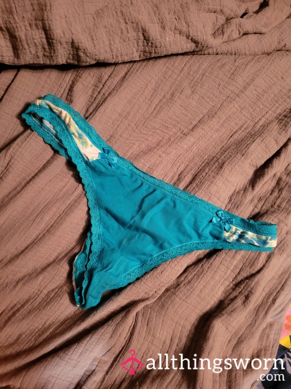 Teal Thong With Lace And Bows. 24hr Wear.