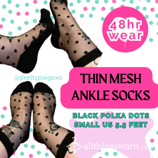 Thin Mesh Ankle Socks 👣 Black Polka Dots 🖤 Small Feet US 5.5 — 48hr Wear