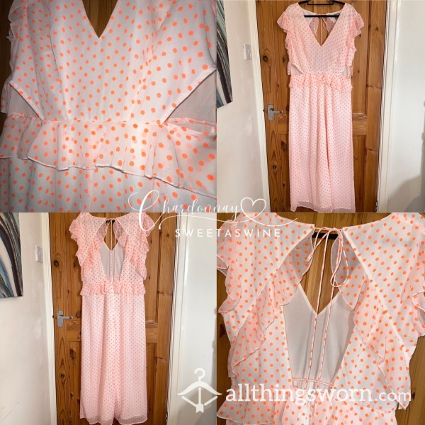 🍷UK 14|🌞New (With Tags) White & Orange Polka-Dot Ruffle Mesh Jumpsuit🧡🤍