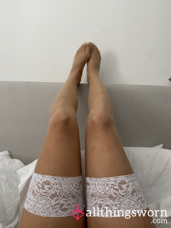 USED Tan Sheer Stockings With White Lace Trim