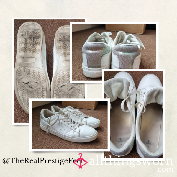 Very Well Worn White Trainers | Size UK 8 | Split Sole & Scented | Includes Pics & Clip - From £30.00 + P&P