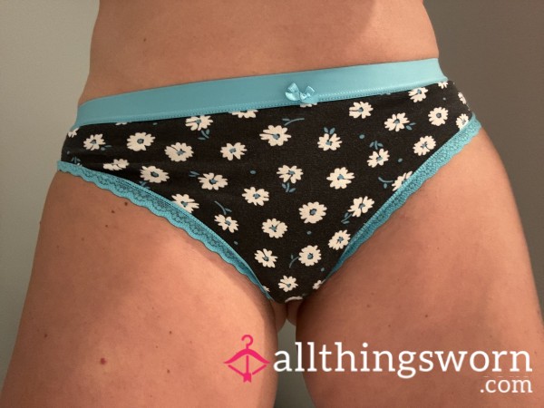 Well Worn Black And Blue S**y Thong With Cute Little Flowers