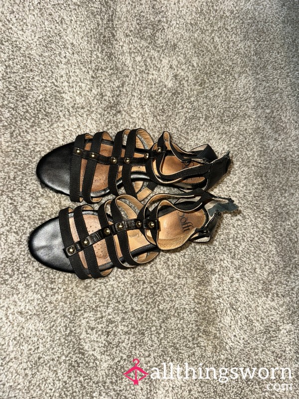 Well Worn Black Open Toe Sandals With Tiny Wedge