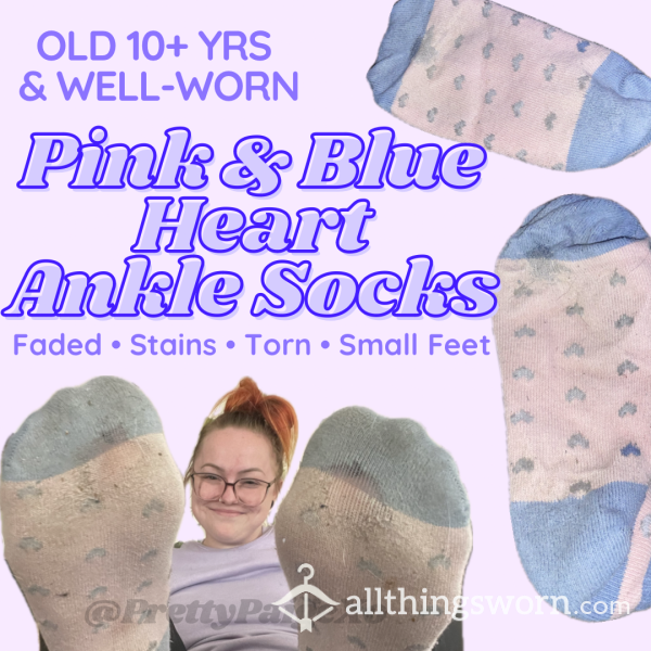 Well-worn Heart Ankle Socks 👣 Faded, Stained & Torn! 🩷 Really OLD… 48hr Wear