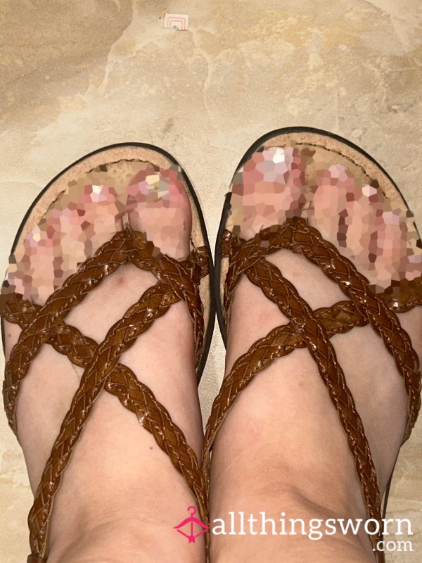Well Worn Strappy Brown Sandals With Toe Print