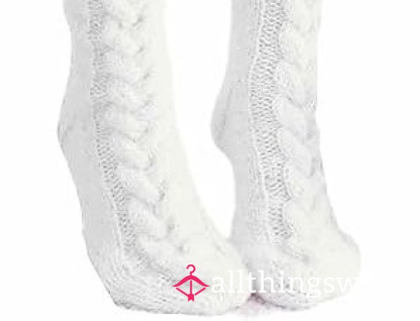 (NS) Well Worn Sweaty Wool Fluffy KNEE LENGTH Socks In White ....Full Days Wear