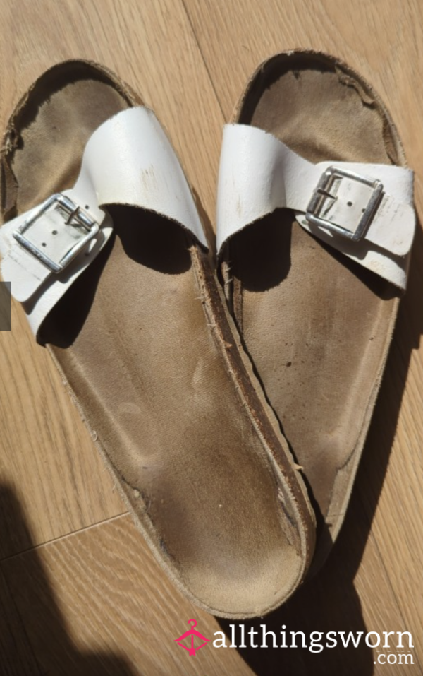 Well Worn With Toe Prints. White Birkenstock Style Sandals