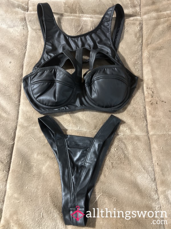 Wet Look Faux Leather Bra, And Thong Set