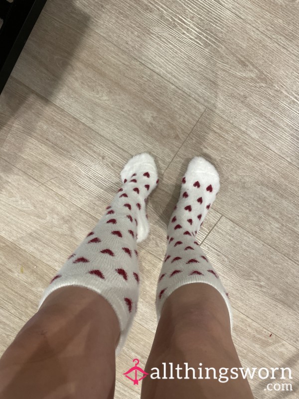 White And Red Love Heart Fluffy Socks