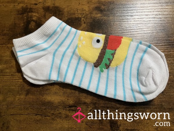 White Ankle Socks W/ Hamburgers - Includes US Shipping & 24 Hr Wear