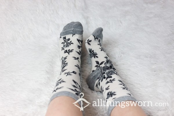 White & Gray Floral Crew Socks