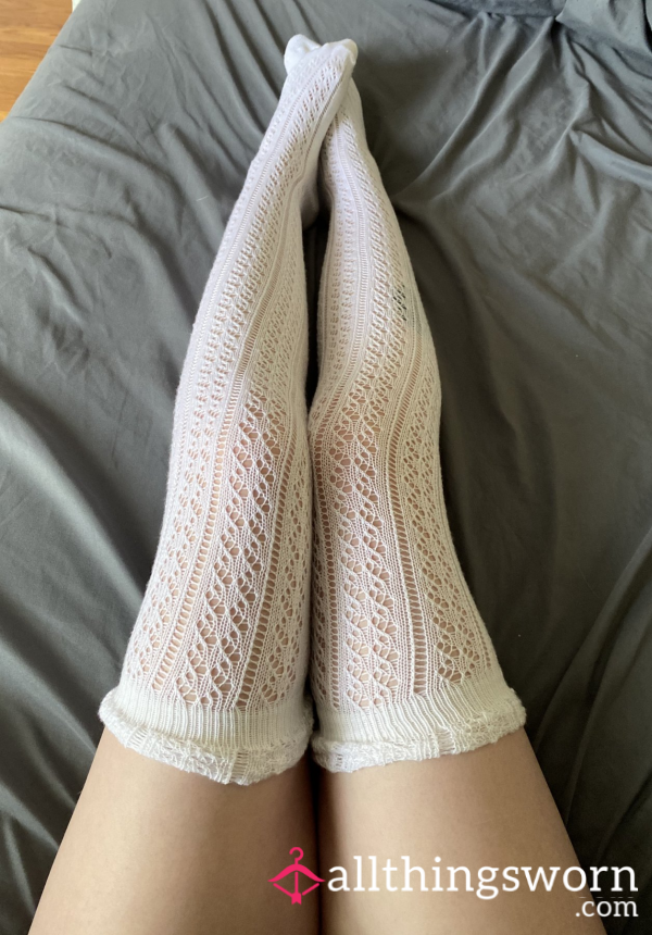 White Knitted Thigh High Socks