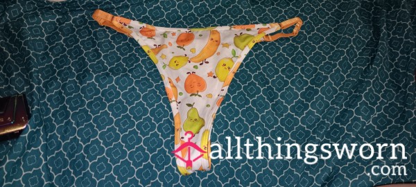 White & Multicolored Fruity Spandex Thong 🍒🍌 Size-L