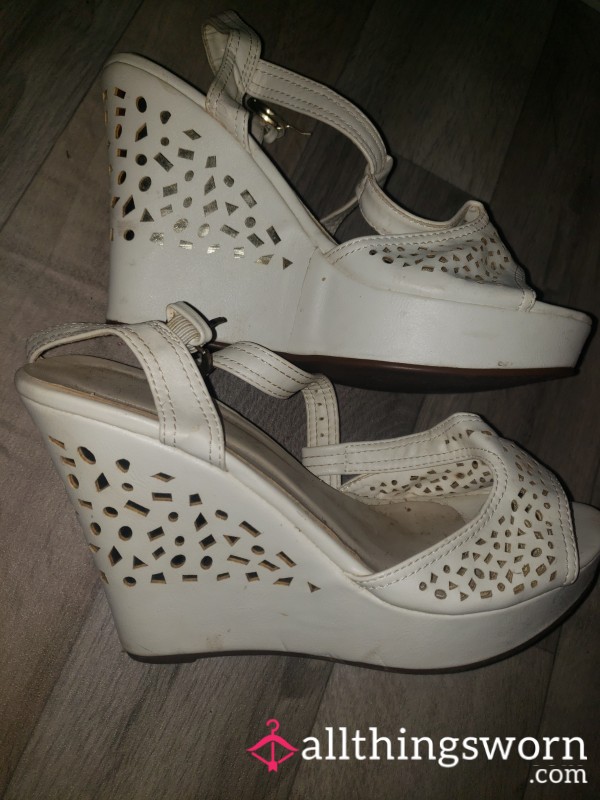 White Strappy Wedges With Gold Pattern