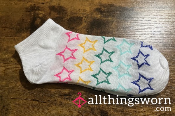 White Thin Ankle Socks W/ Rainbow Stars - Includes US Shipping & 24 Hr Wear -