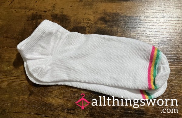 White Thin Ankle Socks W/ Rainbow Stripes - Includes US Shipping & 24 Hr Wear -