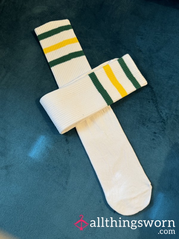 White Tube Socks With Yellow And Green Stripes