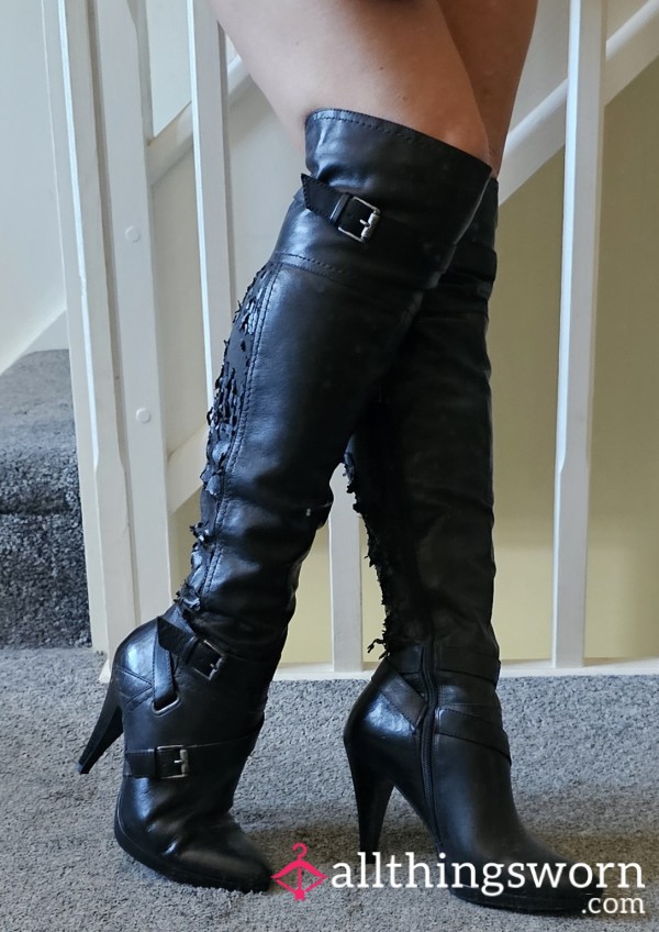 Worn Out Leather Thigh High Heeled Boots