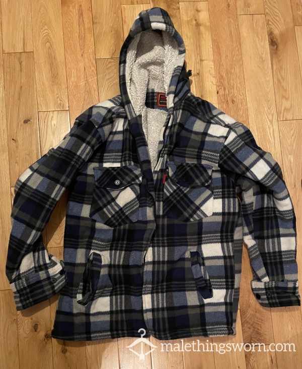 Worn Outdoor Work Thick Fleece Zip Up Hoodie Coat Blue Check (M) - Surround Your Self In My Man Smell