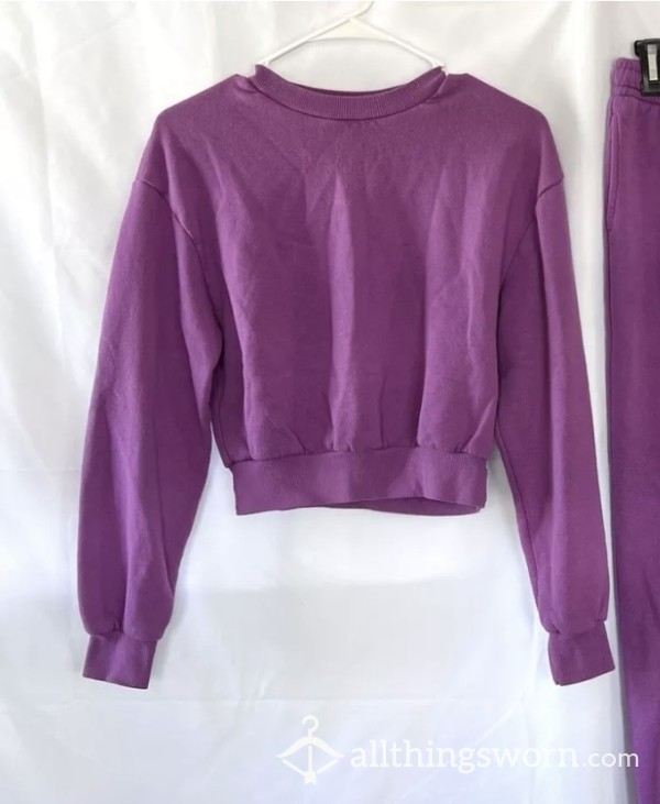 Well Worn XS Stained Cropped Purple Crewneck Sweatshirt